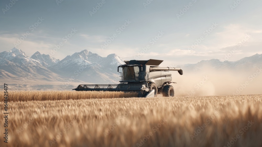 Fototapeta premium A sleek combine harvester working in a wheat field with mountains in the background.