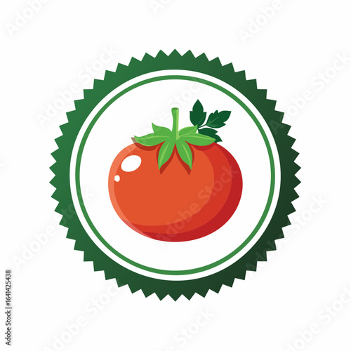 Illustration of a fresh tomato inside a green decorative circle frame symbol