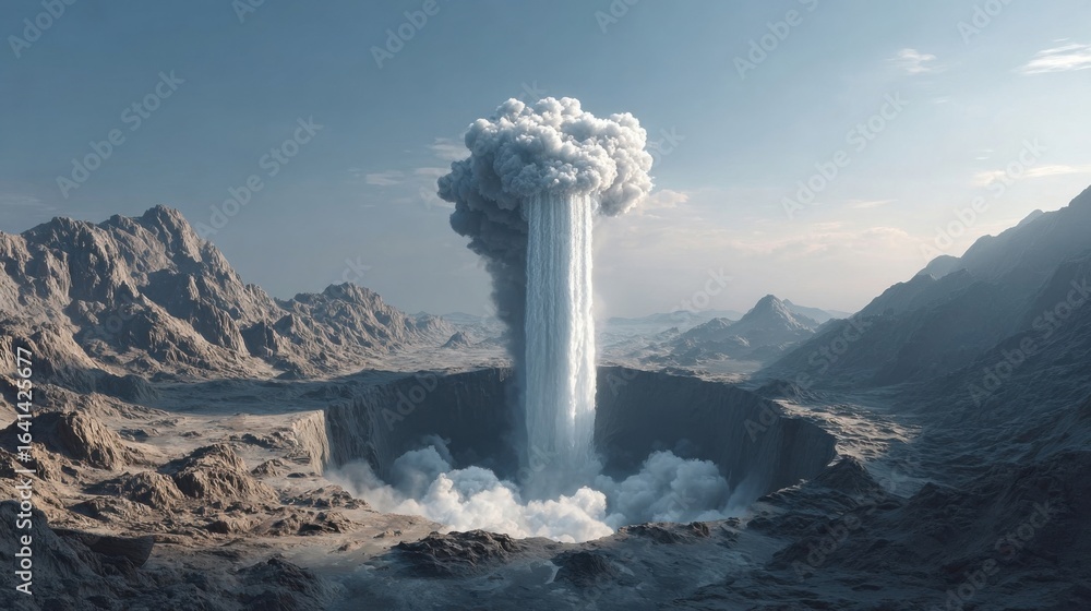 Fototapeta premium A striking fantasy landscape showcasing a waterfall pouring from a cloud above a rocky canyon.