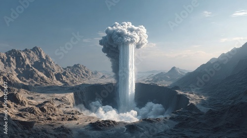 A striking fantasy landscape showcasing a waterfall pouring from a cloud above a rocky canyon.