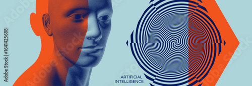 Male face made of dots. Digital face. Hexagonal figure made of circular lines cut into 6 parts. Optical illusion. Color mask overlay effect with offset. Illustration for cover, card, poster, brochure.