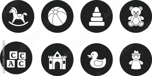 baby toy icons set, kids play symbols, children educational clipart, preschool vector illustration, toddler learning graphics, nursery playtime design elements, cartoon silhouette