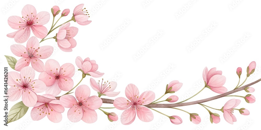 Fototapeta premium Watercolor Cherry Blossom Flower Border Soft Pink