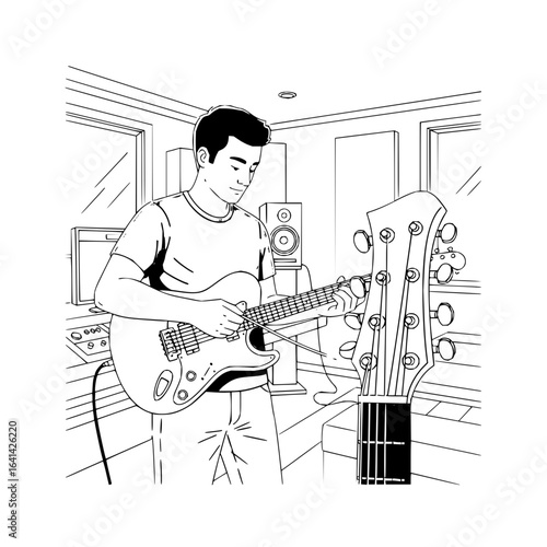 A young man playing electric guitar in a recording studio with another guitar in the foreground