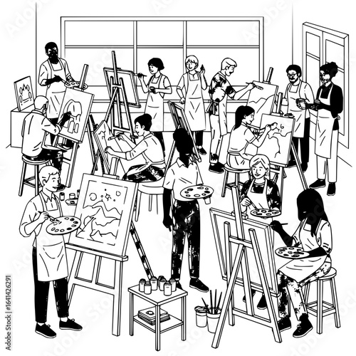 A group of people are painting on canvases in an art class with easels and various art supplies