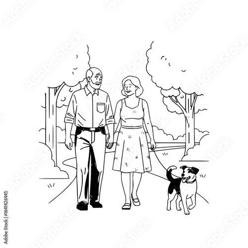 Elderly couple walking their dog in a park with trees and a path on a sunny day illustration