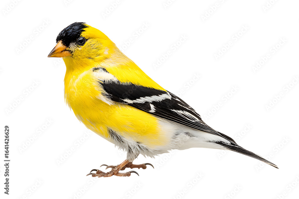 Fototapeta premium Vibrant yellow bird isolated on black background