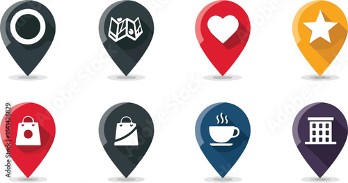 Colorful location markers with icons flat design style
