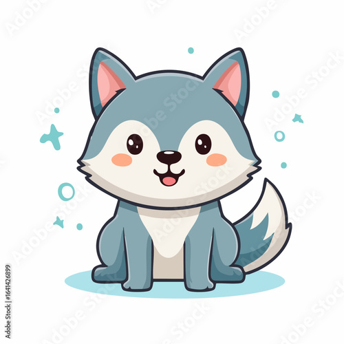 Charming Cartoon Wolf Cub Sitting Patiently and Looking Adorable with Its Big Eyes and Fluffy Tail