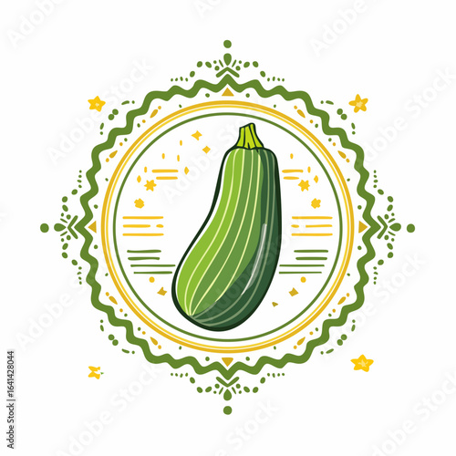 Stylized Zucchini Vector Illustration with Ornate Green and Yellow Border Design