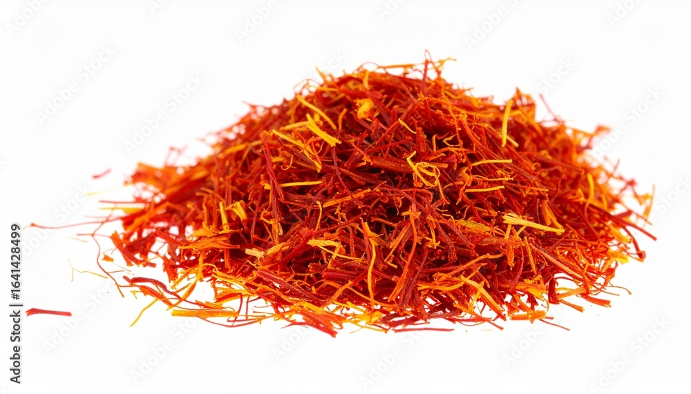 Naklejka premium Saffron Spice Threads: Close-up of High-Quality Culinary Ingredient on White Background