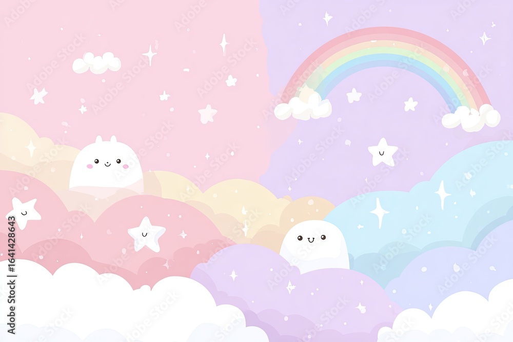 Fototapeta premium Pastel-colored sky scene with clouds, stars, and cute creatures.