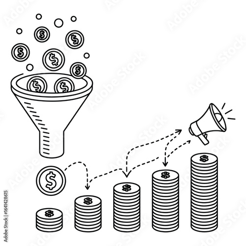 Conceptual illustration of a sales funnel converting investment into profit and business growth through marketing