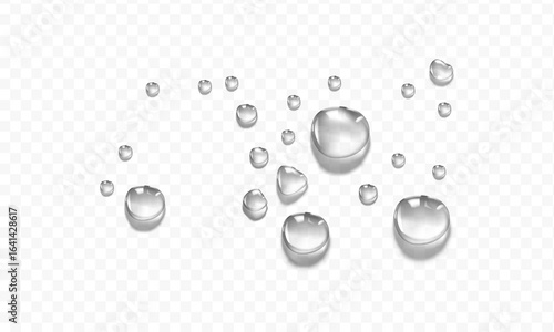 Realistic water drops. PNG drops, condensation on the window, transparent water drop. Abstract water drops, bubbles on transparent background, digital liquid design, Stock royalty free. 