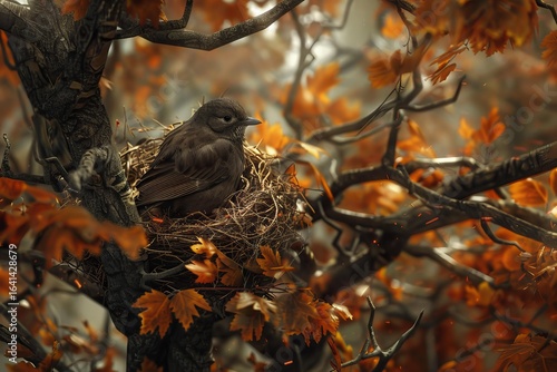 Small bird resting in its nest during autumn, surrounded by colorful leaves