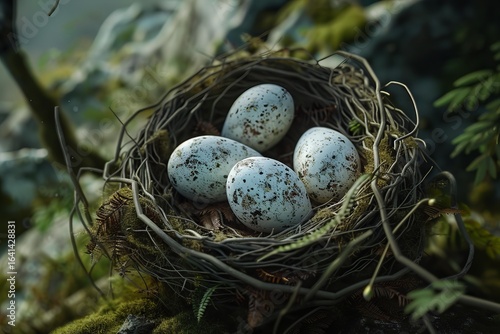 Four speckled bird eggs nestled in a cozy, twig woven haven amidst vibrant green foliage, creating a serene natural scene
