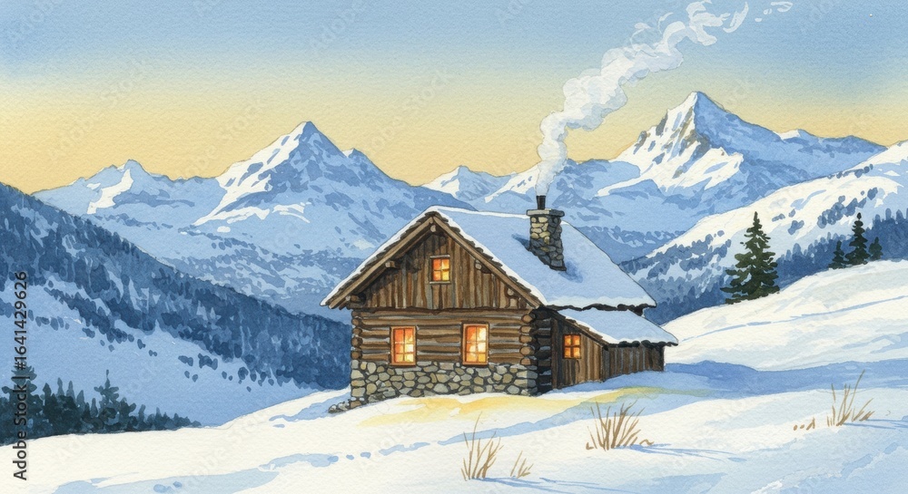 Fototapeta premium A serene winter scene featuring a cozy cabin nestled in a snowy landscape with majestic mountains in the background. The cabin is emitting smoke from its chimney, suggesting warmth and comfort.