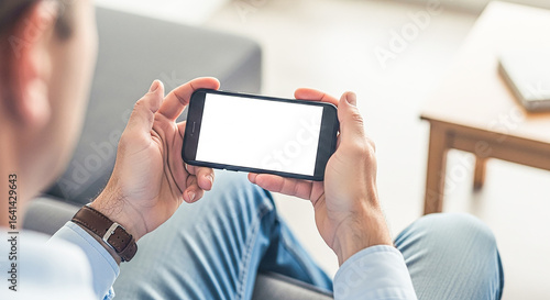 Fototapeta Naklejka Na Ścianę i Meble -  Person holding a smartphone in landscape mode with a blank screen