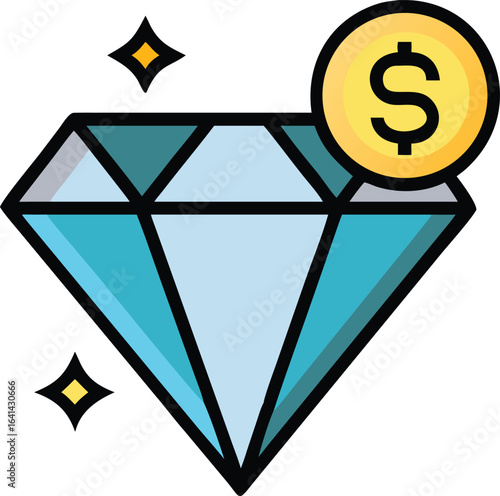 Vector art of diamond with dollar coin symbolizing wealth, luxury, and financial success, isolated on white background