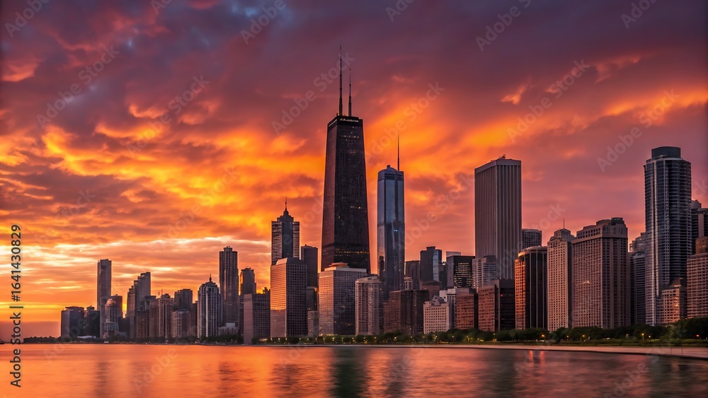 Obraz premium Chicago skyline at sunset with dramatic orange sky reflecting over Lake Michigan 