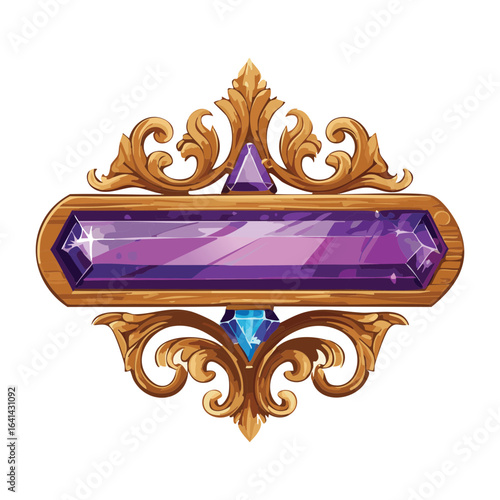 Illustration of a Symmetrical Ornate Golden Panel with a Long Purple Gem and Decorative Accents