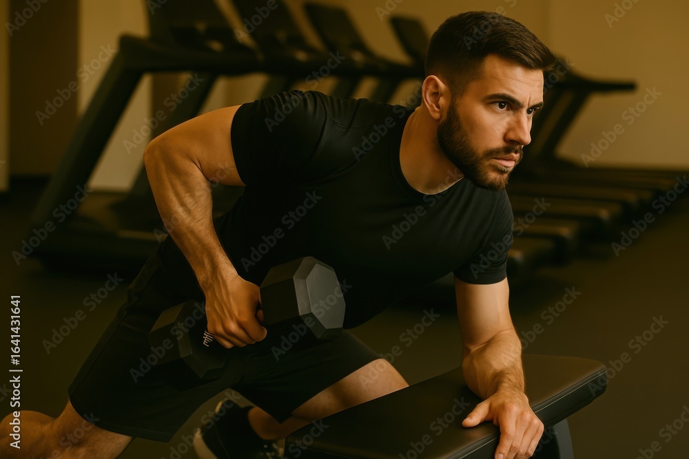 Fototapeta premium Muscular man performing a dumbbell row exercise in a gym