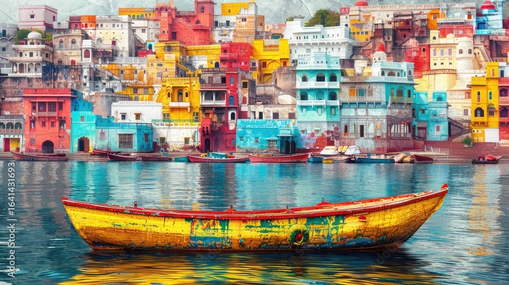 Obraz premium A vibrant scene of a yellow boat on calm water, with a colorful cityscape of buildings in various hues of blue, pink, and yellow in the background.
