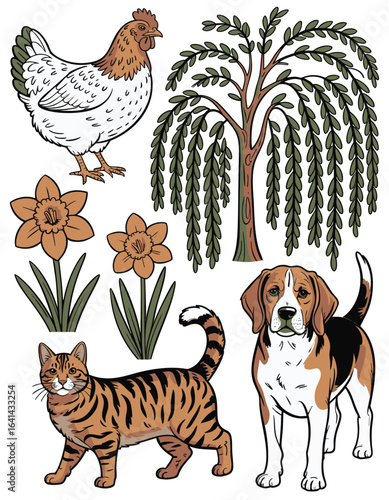 Farm Animals, Spring Flowers, and Weeping Willow Tree: A Collection of Illustrated Elements