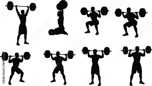 Powerful Weightlifting Silhouettes: Demonstrating Clean and Jerk, Snatch, Squats, and Deadlifts for Fitness and Strength Training, Targeting Muscle Building.