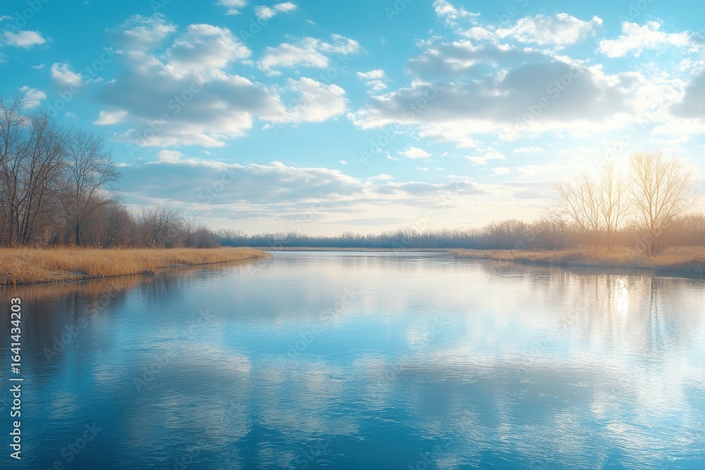 Fototapeta premium Calm River Scene Reflects Sky Tranquil Water Landscape Natural Light on transparent background