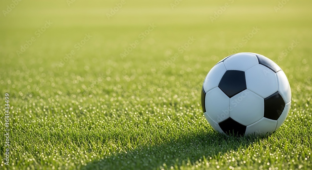 Fototapeta premium Soccer ball resting peacefully on vibrant green grass capturing the serenity of sport