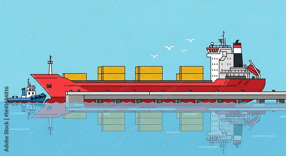 Obraz premium Stylized depiction of a cargo ship being assisted by a tugboat in a harbor