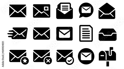 Collection of mail envelope and message icons in modern silhouette style