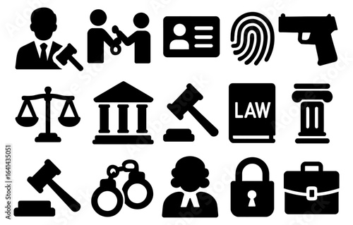 Justice and legal system icons set featuring scales, gavel, and law elements in bold silhouette style