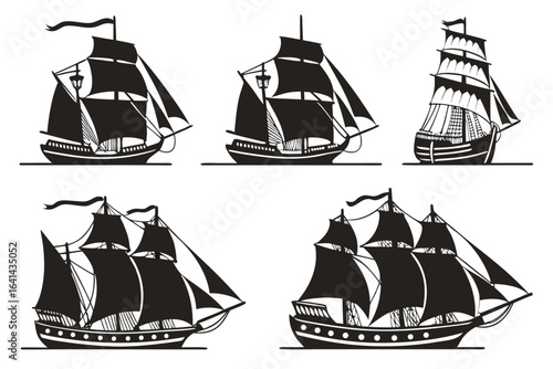 Collection of vintage sailing ships in silhouette on a white background