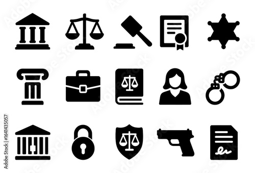 Justice and law set: legal icons in bold silhouette style for modern designs