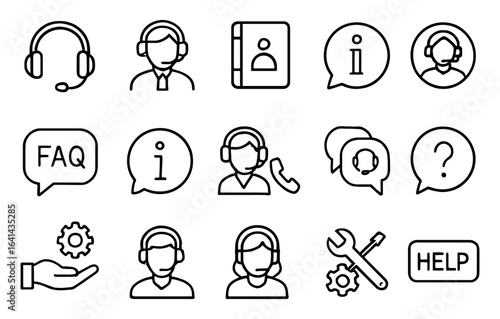 Customer support icons set: help desk outline symbols for communication and assistance