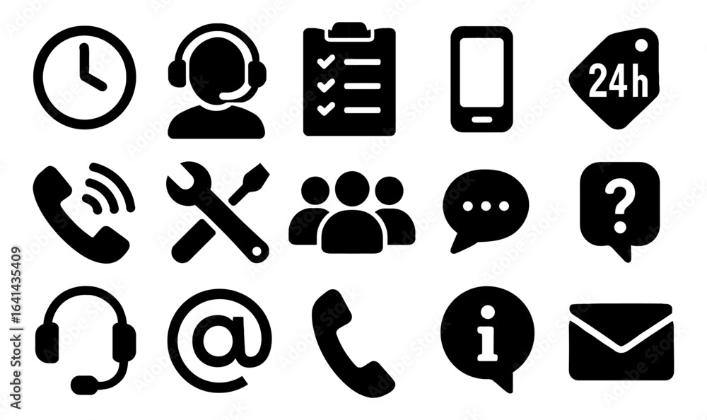 Fototapeta premium Communication and support icon set: silhouette style with essential symbols
