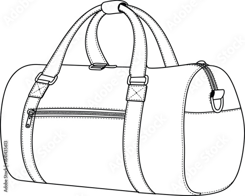 Stylish duffel bag with handles, zipper closure, side pocket, travel accessory, gym bag design, detailed stitching, vector CAD drawing illustration