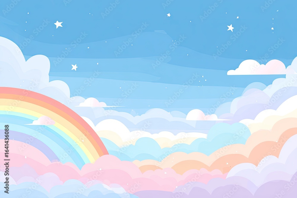 Fototapeta premium Pastel rainbow sky with fluffy clouds and stars