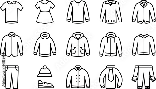 A diverse collection of hand drawn clothing icons showcasing various styles of tops outerwear pants and accessories