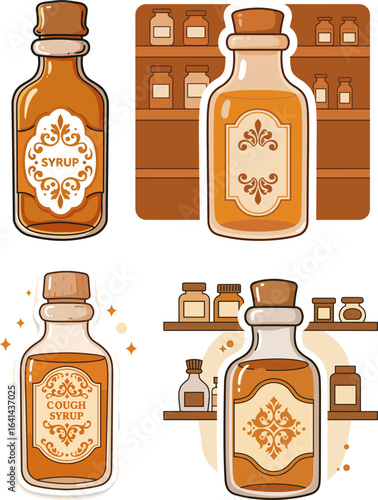 Syrup bottles in decorative design on wooden shelves concept of Flat  