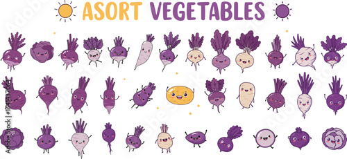 Assorted purple vegetables in cartoon style with cute characters  