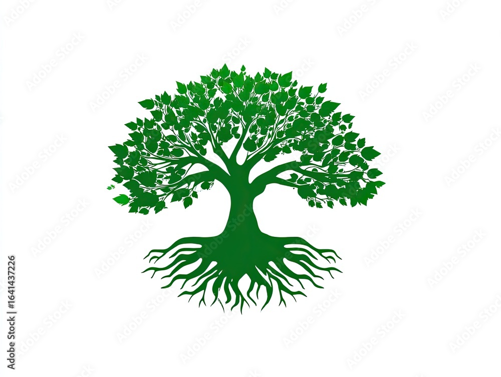 Fototapeta premium Green tree silhouette with extensive roots against a white background