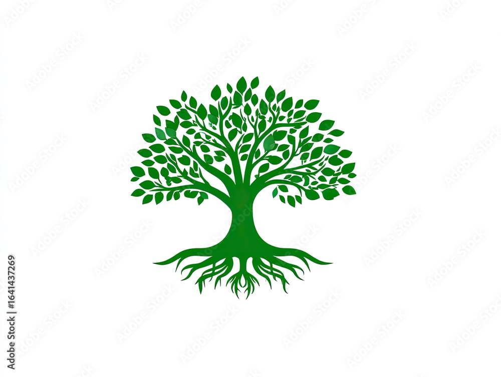 Obraz premium Green stylized tree logo, full of leaves and roots, on white background