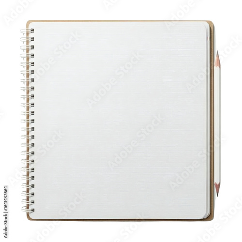 An empty white sketchbook with spiral binding on the left side with a pencil on transparent background