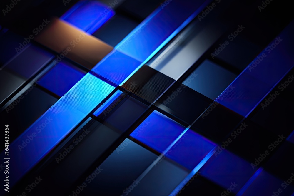 Fototapeta premium Abstract geometric pattern of intersecting shapes in deep blues and blacks.