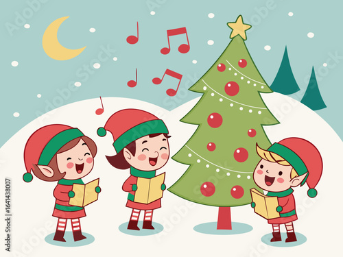 Christmas carols sung by joyful elves under Christmas tree in a snowy scene