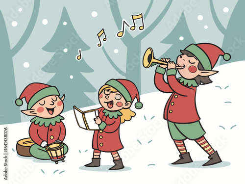 Merry Christmas elves singing carols in a snowy forest