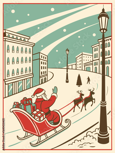 Santa Claus riding a sleigh with reindeer delivering presents through a winter cityscape
